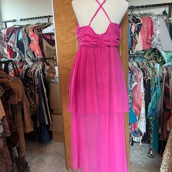 Hot Pink High-Low Ruching Spaghetti Strap Dress - Picture 2 of 3